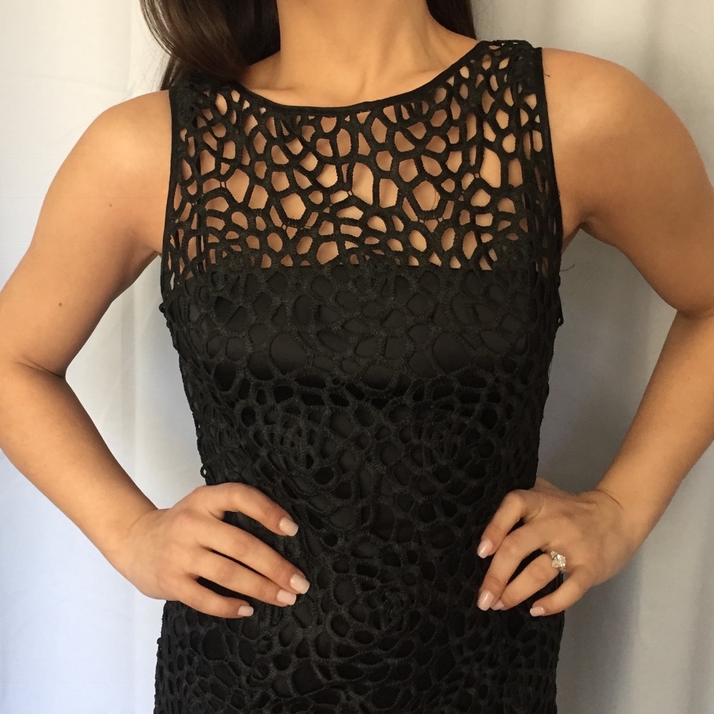 Adrianna Papell Black Illusion Crochet Lace Dress